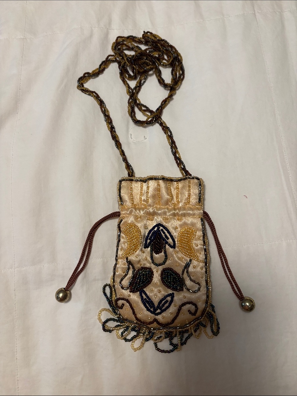 Embroidered Beaded Drawstring Crossbody Pouch - Cream & Gold  29.5”